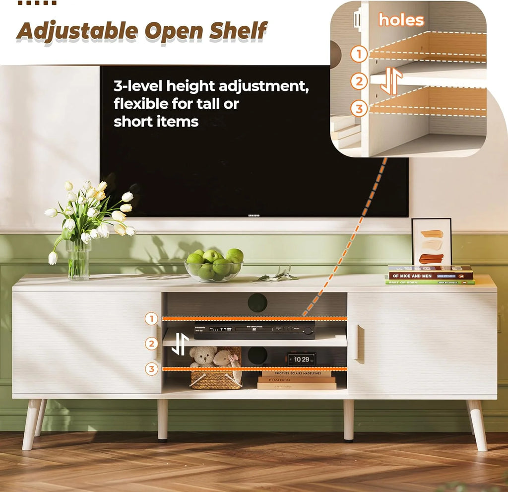 LL TV Stand for 55 Inch TV, Entertainment Center with Adjustable Shelf, 2 Cabinets, TV Console Table, Media Console, Solid Wood Feet, Cord Holes, for Living Room, Bedroom, White