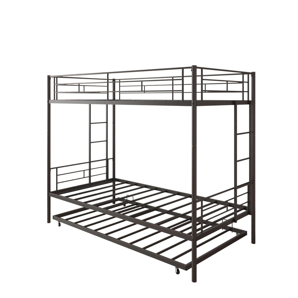 Seizeen Bunk Bed Twin Over Twin Size, Metal Triple Bunk Bed with Trundle, Black Heavy Duty Bunk Bed Frame Per Bed Up to 400LBS, 2 Side Ladders and All-round Safety Guard Rails
