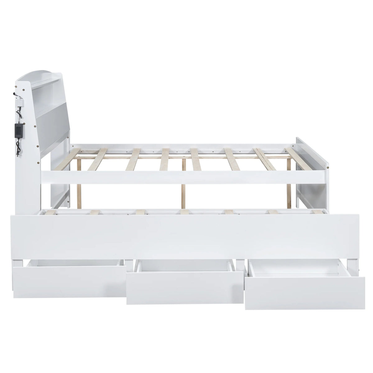 Euroco Wood Twin Size Platform Bed with Storage Headboard, Drawers Trundle and LED Light, White