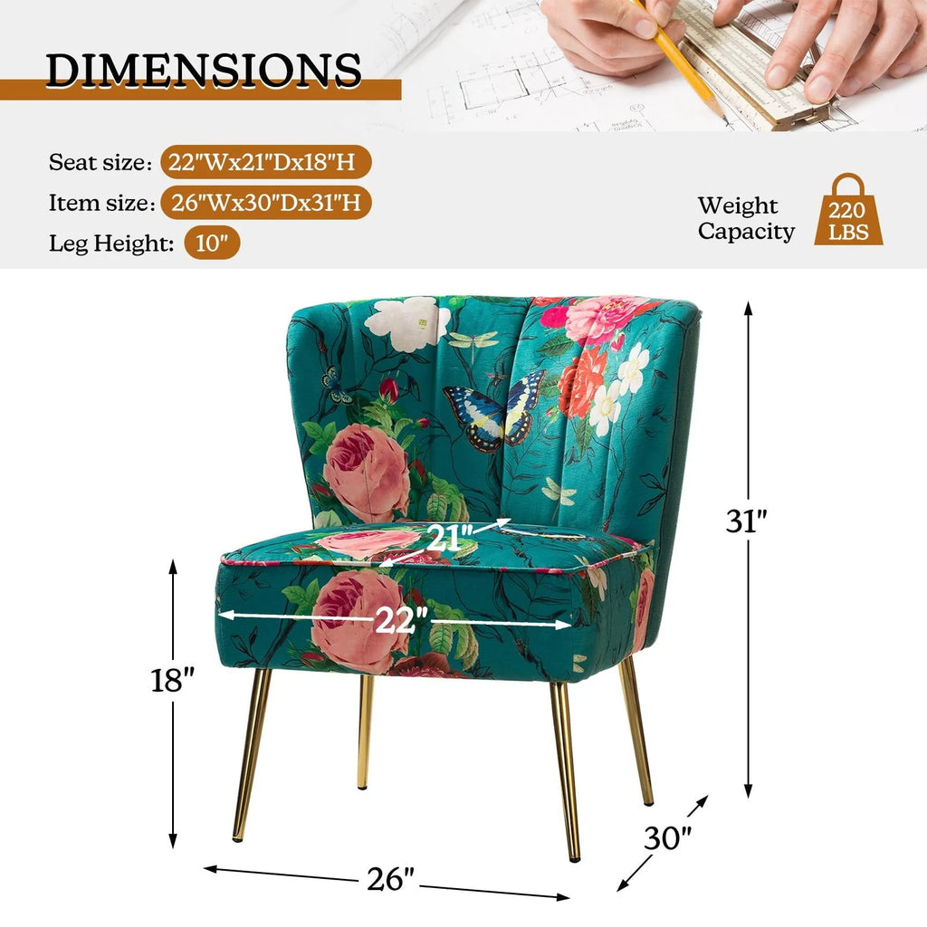 14 Karat Home Modern Floral Accent Armless Side Chair Metal Base Tufted Back Adult Bedroom Blue