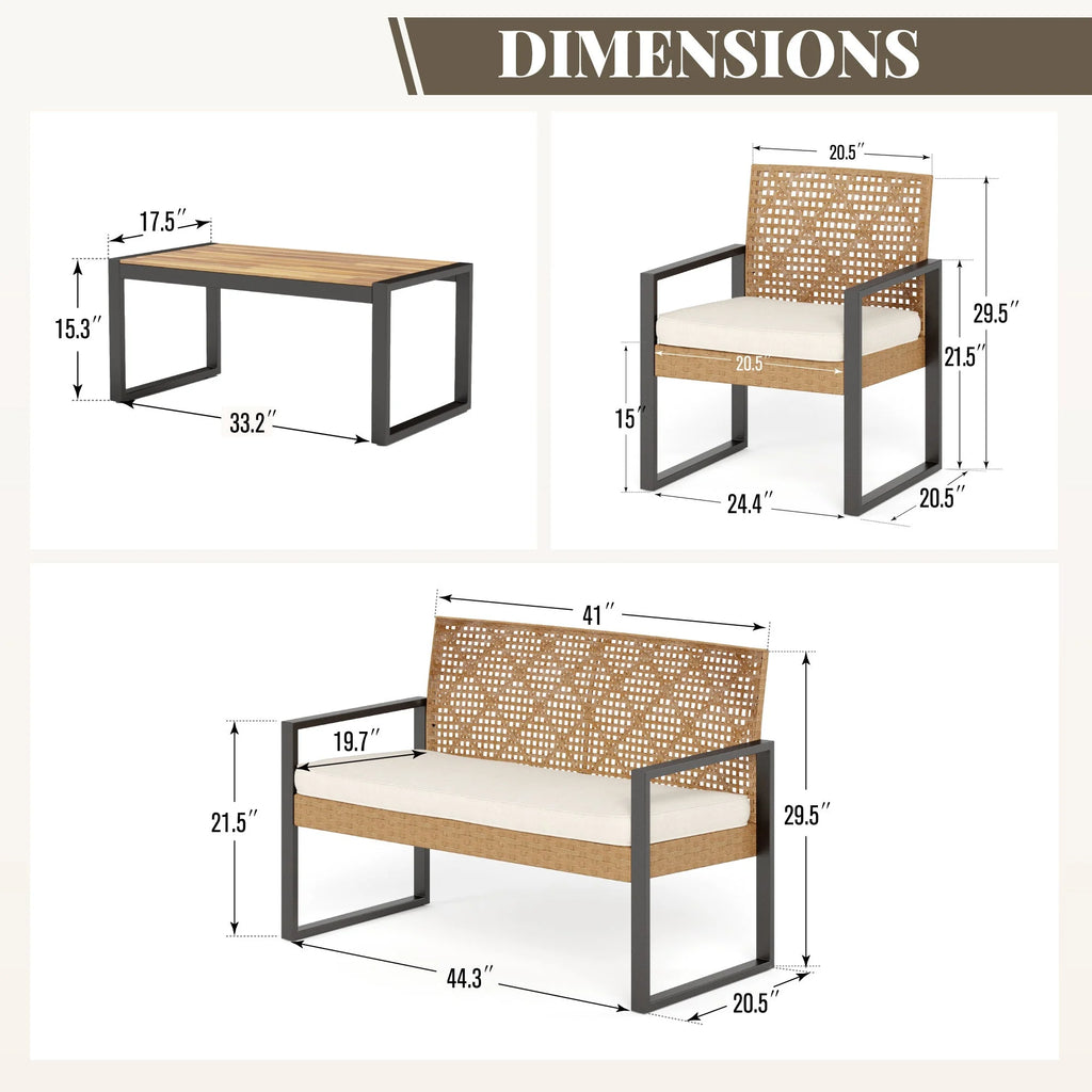 MF Studio 4-Piece All-Weather Rattan Patio Furniture Set, Outdoor Conversation Set with Wood Table, Brown and Beige