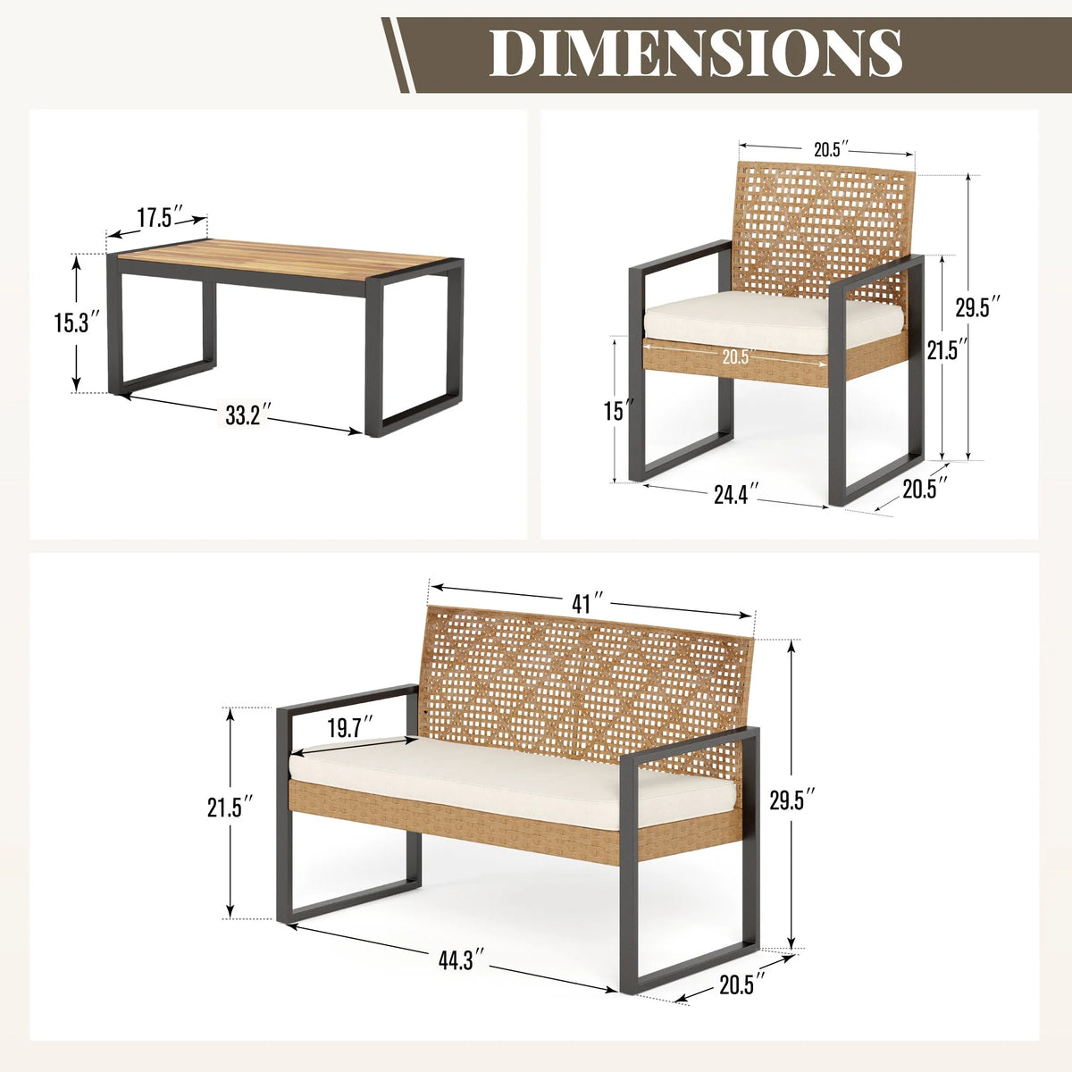MF Studio 4-Piece All-Weather Rattan Patio Furniture Set, Outdoor Conversation Set with Wood Table, Brown and Beige