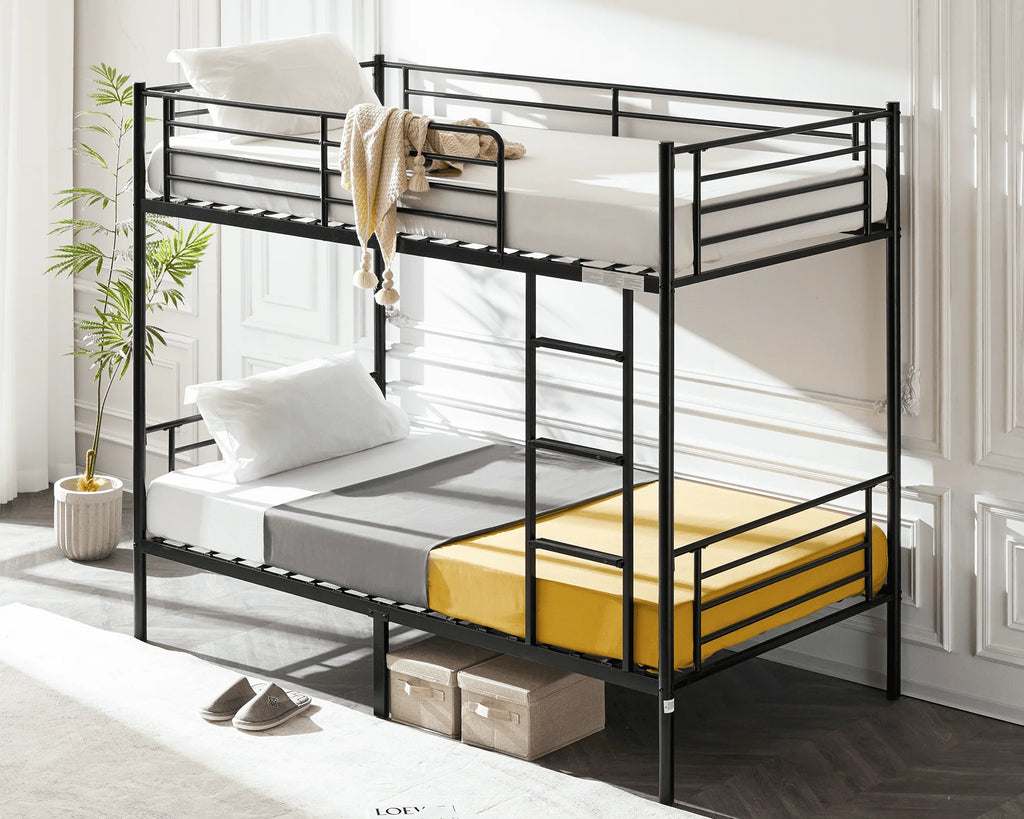 VINGLI Metal Bunk Bed Twin Over Twin with Flat Ladder and High Guardrail, Double Twin Bunk Beds for Kids/Teens/Adults, Bunk Bed with Stairs,Black