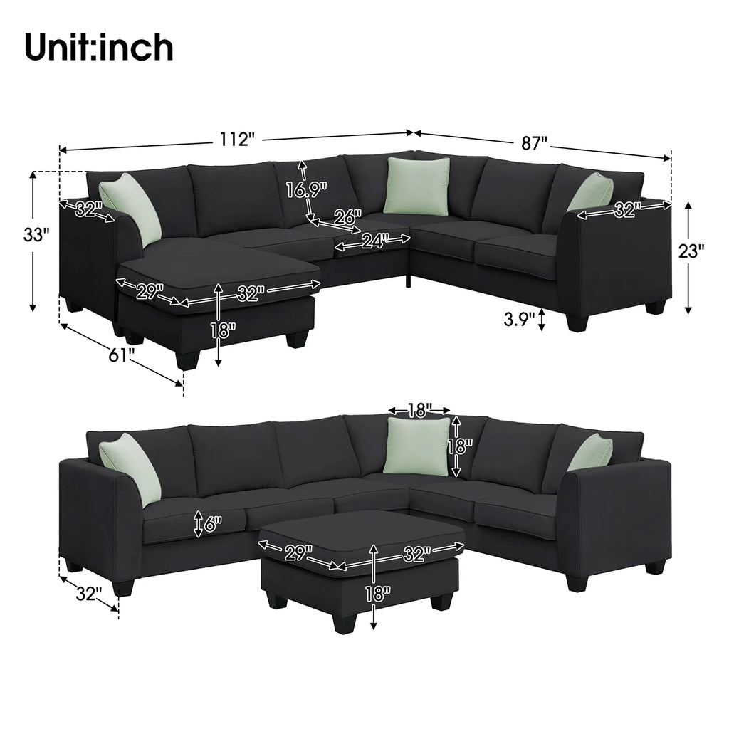 Harper & Bright Designs Modular Sectional Sofa with Ottoman Couch L Shape Corner Sofa Sets 7 Seats Fabric Couch for Living Room, Black, 112 * 87 inch