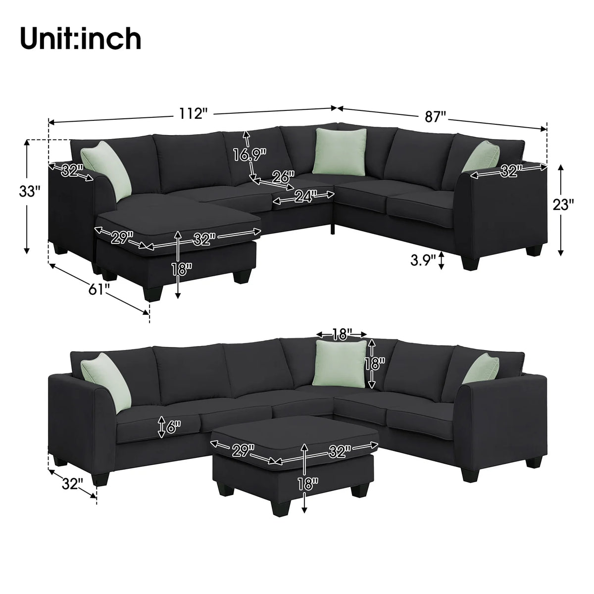 Harper & Bright Designs Modular Sectional Sofa with Ottoman Couch L Shape Corner Sofa Sets 7 Seats Fabric Couch for Living Room, Black, 112 * 87 inch