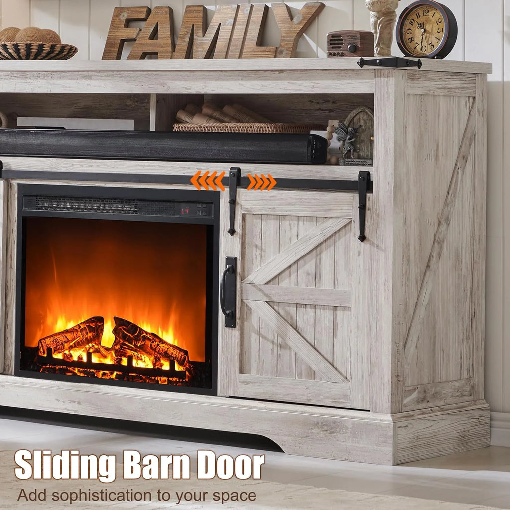 OKD Farmhouse Fireplace TV Stand up to 70", Entertainment Center with 23" Fireplace & Open Storage Shelves for Living Room, Antique White