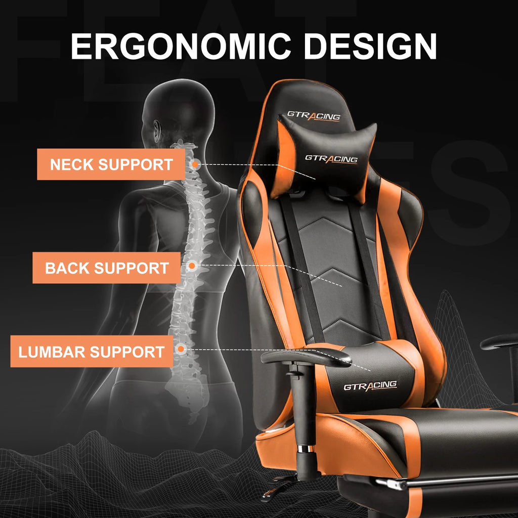GTRACING Gaming Chair, Ergonomic Office Desk Chair with Lumbar Support, PU Leather, Footrest & Adjustable Headrest, Red