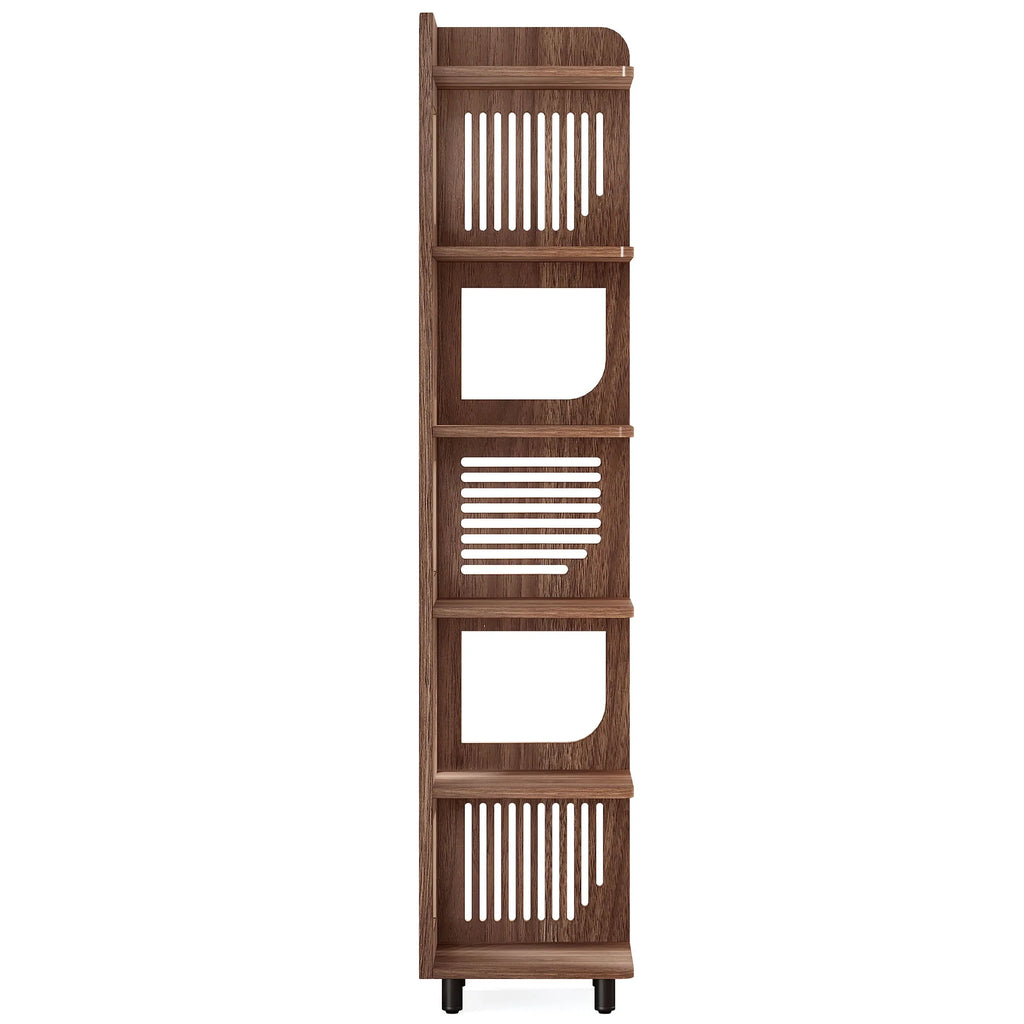 Fnova 71" 6-Tier Tall Corner Bookshelf, Rustic Wooden Narrow Corner Bookcase with Artistic Square Rack, Freestanding Display Storage Shelf for Space-Saving Home Organizing