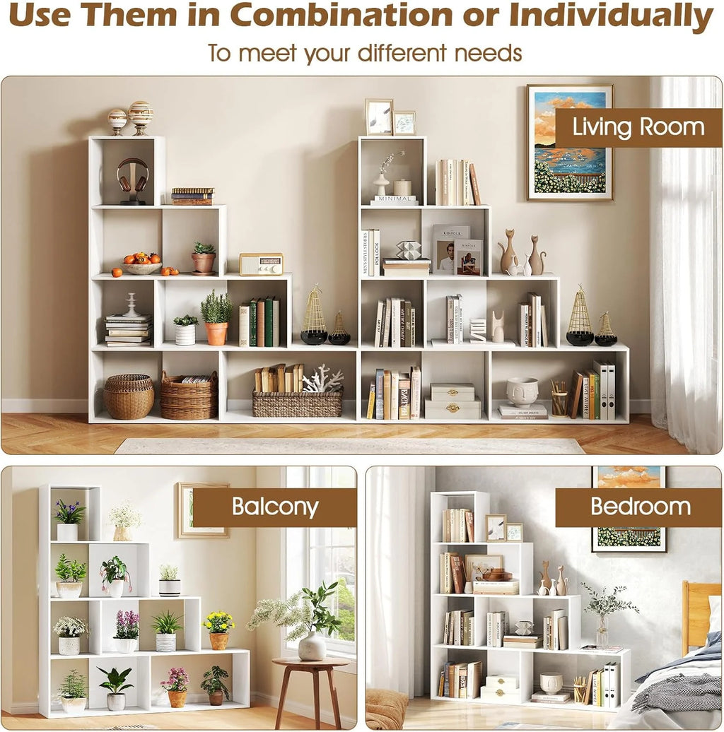 JTYUB 4-Tier Stepped Bookshelf, Freestanding 6 Cubes Ladder Bookcase with Anti-Tipping Kits, 64" Tall Modern Wooden Storage Display Rack for Home Office Living Room Study ,1 PCS,Natural