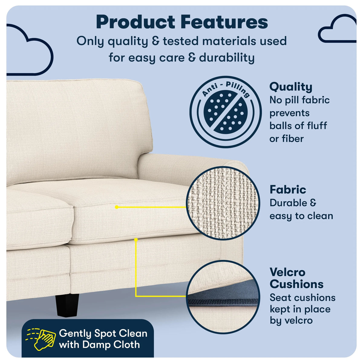 Serta Copenhagen 73" Rolled Arm Sofa with Removable Covers Light Gray