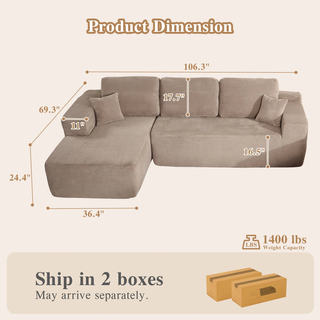 Ovios 106" L-Shaped Sectional Sofa Modern Modular Cloud Couch with Deep Seating Upholstered Sofa for Living Room Bedroom, No Assembly Required, Black(Corduroy)