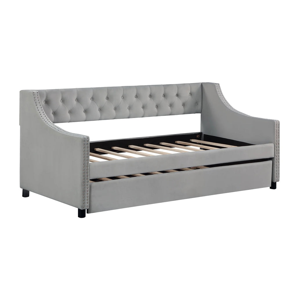 Daybed with Trundle, Twin Size Velvet Upholstered Daybed Frame with Tufted Button Back & Copper Nail on Arms, Wood Sofa Bed Frame for Living Room Bedroom, No Box Spring Needed, Grey