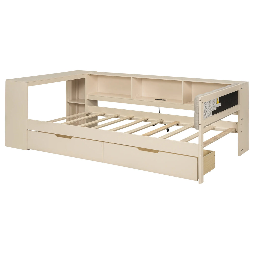 Euroco Wood Twin Size Platform Bed with Desk and Shelves, Drawers and USB Charging for Kids, Cream