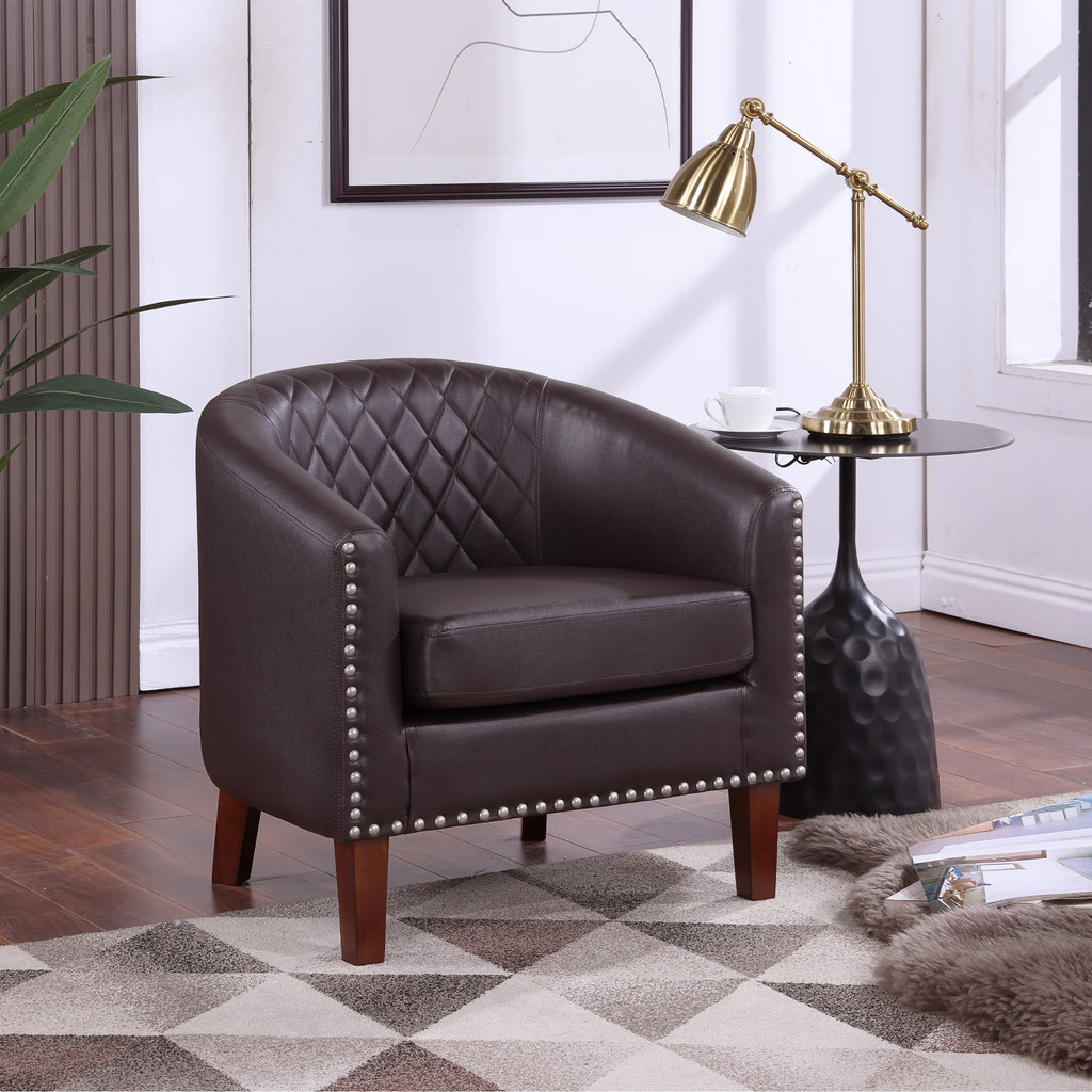 Barrel Accent Chair for living room, modern Leather Club Barrel Chair comfy Reading Armchair for Bedroom, Brown