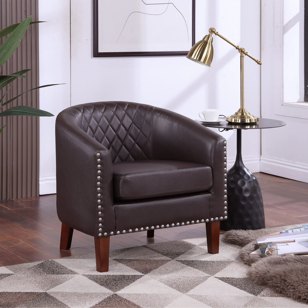 Barrel Accent Chair for living room, modern Leather Club Barrel Chair comfy Reading Armchair for Bedroom, Brown