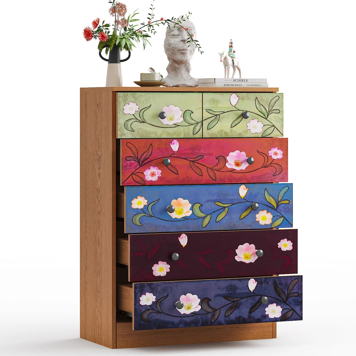 Ktaxon Wood 6-Drawer Dresser Organizer for Bedroom Storage Tower for Entryway Hallway Closet, Tall Chest Organizer Unit with Wood Bins, Floral Painted Wooden