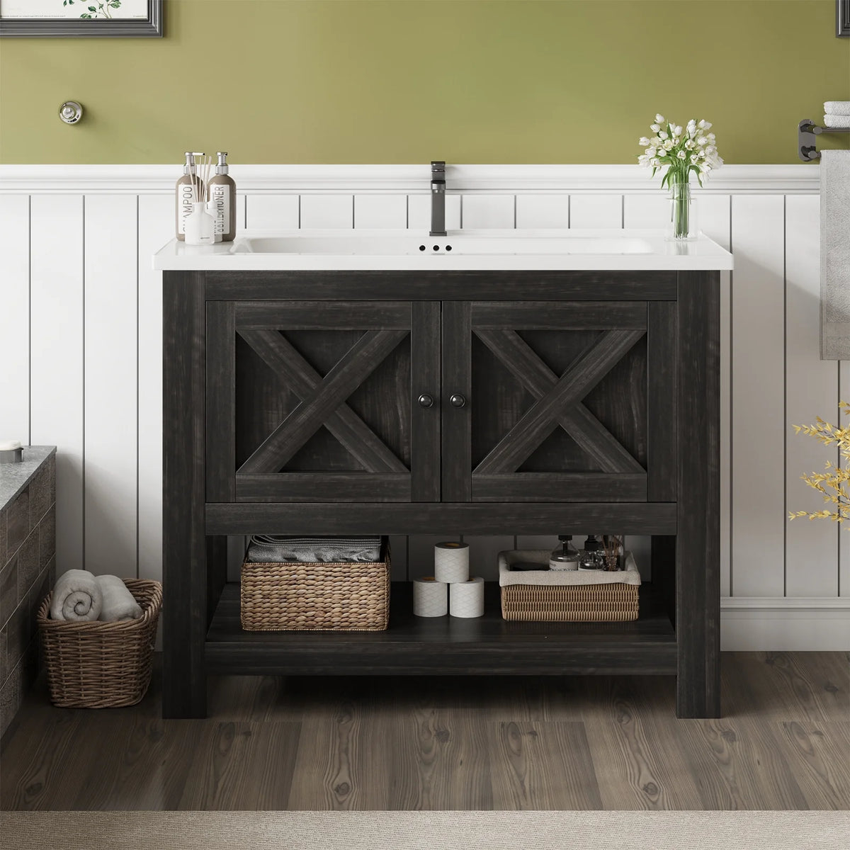 DreamCurship Bathroom Vanity with Sink Combo, 35'' Bathroom Storage Cabinet with Storage, Farmhouse Bathroom Vanity Cabinet with 2 Doors and Open Shelf, White