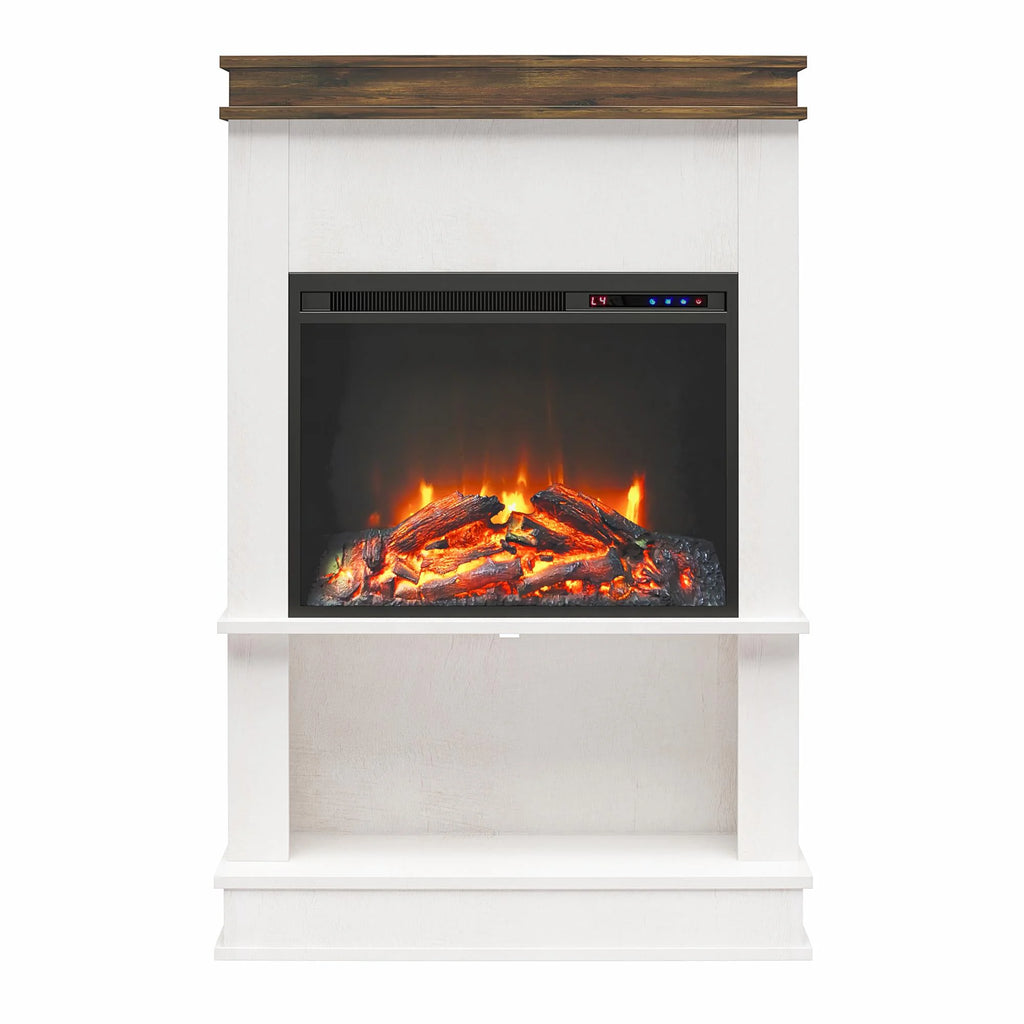 Mateo Electric Fireplace with Mantel and Open Shelf, Black with Natural