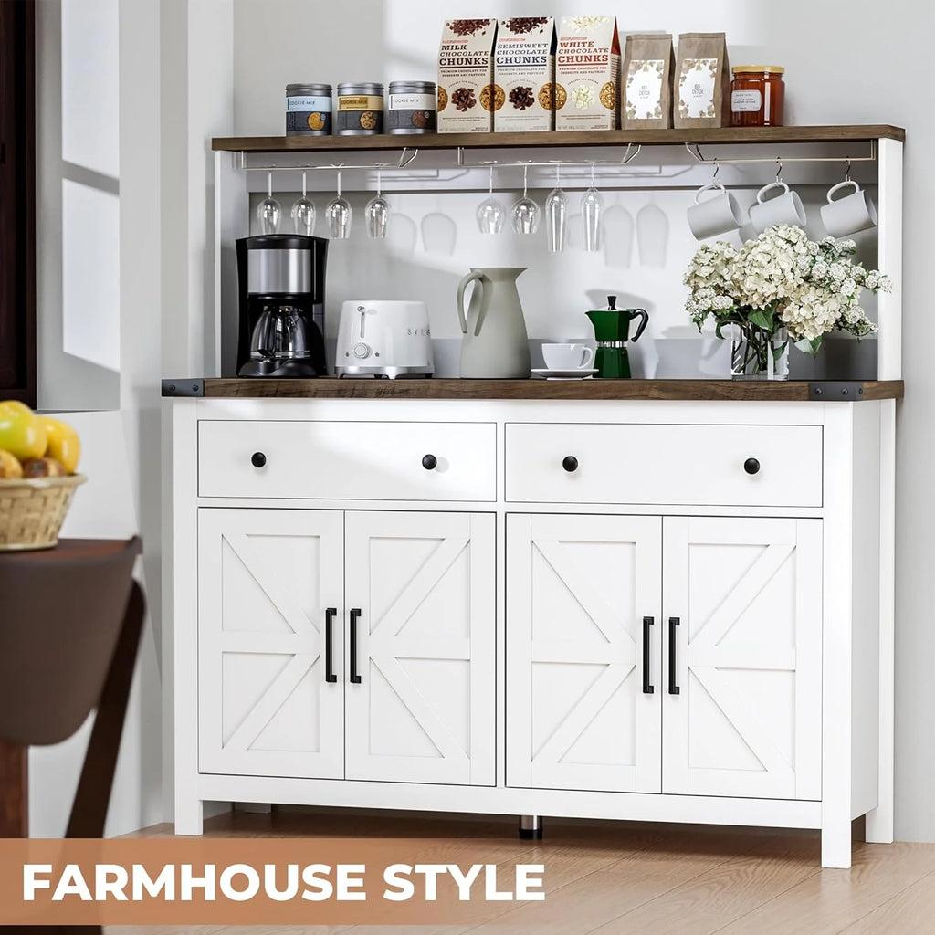 Winkalon Coffee Bar Cabinet with Hutch, 55" W Kitchen Buffet Sideboard Cabinet with 2 Drawers & USB Power Station, Black