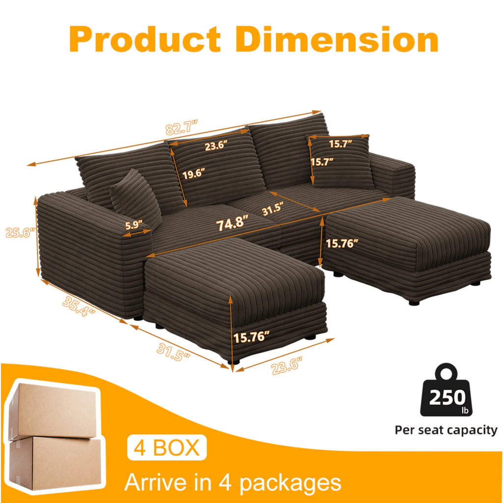 Alvantor 4-Seat Sofa 102" W Corduroy Upholstered Deep Seat Couches Convertible Chaise for Living Room, Apartment Grey
