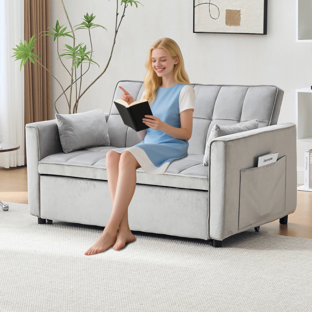 BINBANK Black Velvet 3-in-1 Convertible Sleeper Sofa Bed a?? USB Charging, Adjustable Backrest Pull-Out Futon Loveseat Couch for Living Room, Apartment & Small Space