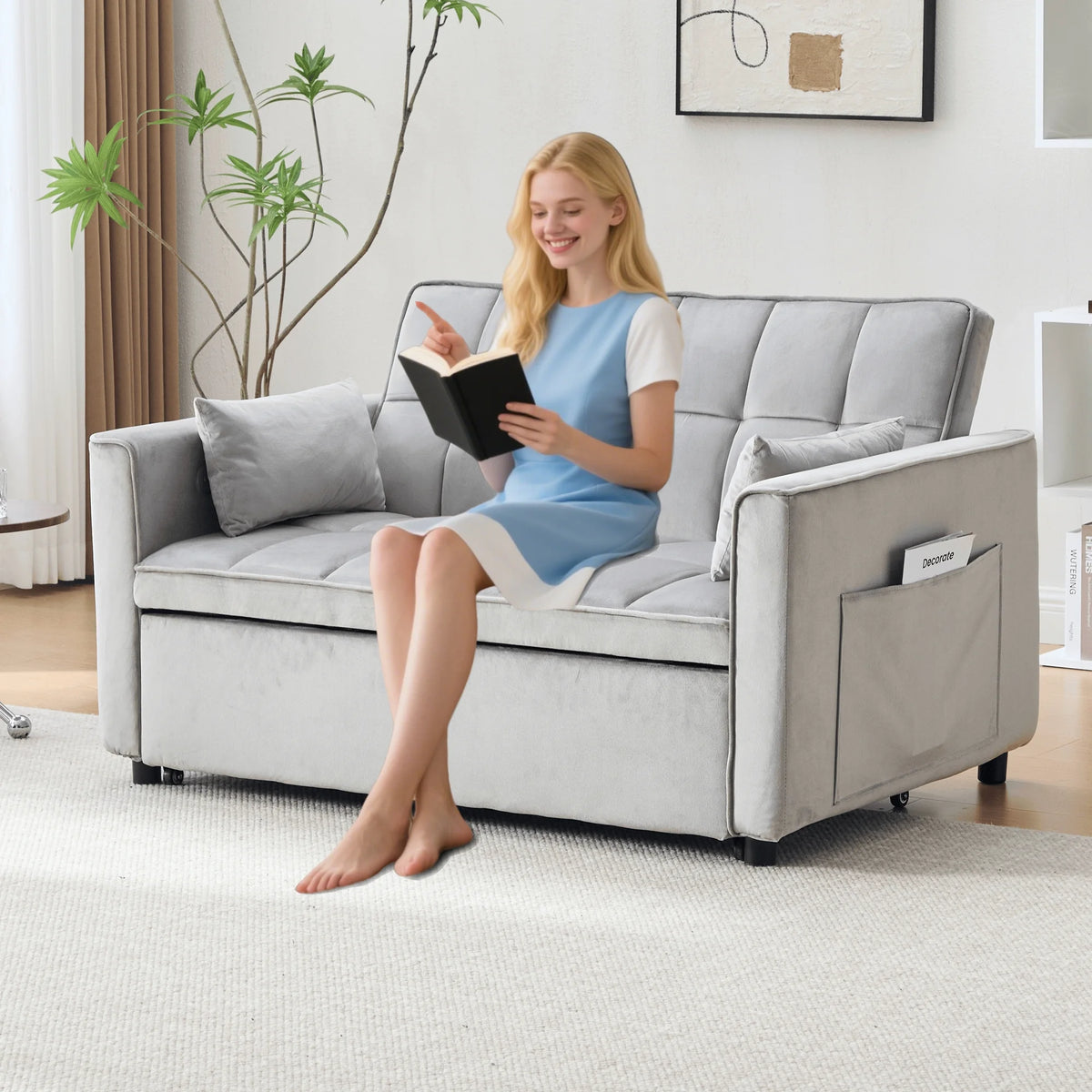 BINBANK Black Velvet 3-in-1 Convertible Sleeper Sofa Bed a?? USB Charging, Adjustable Backrest Pull-Out Futon Loveseat Couch for Living Room, Apartment & Small Space