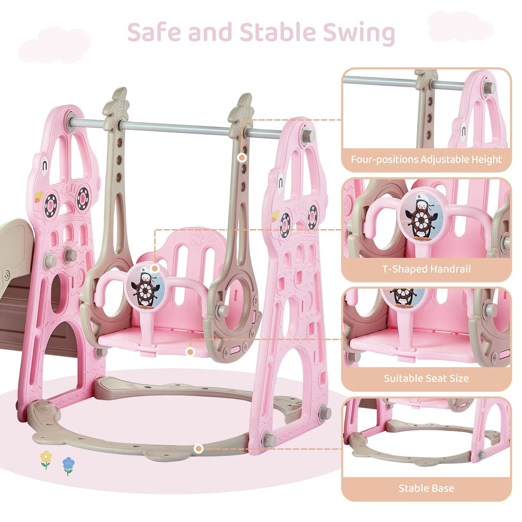 DUKE BABY 4-in-1 Kids Swing and Slide Set for Toddler Age 1-6, Extra Large Baby Indoor Outdoor Activity Playground with Basketball Hoop and Climber ??Pink