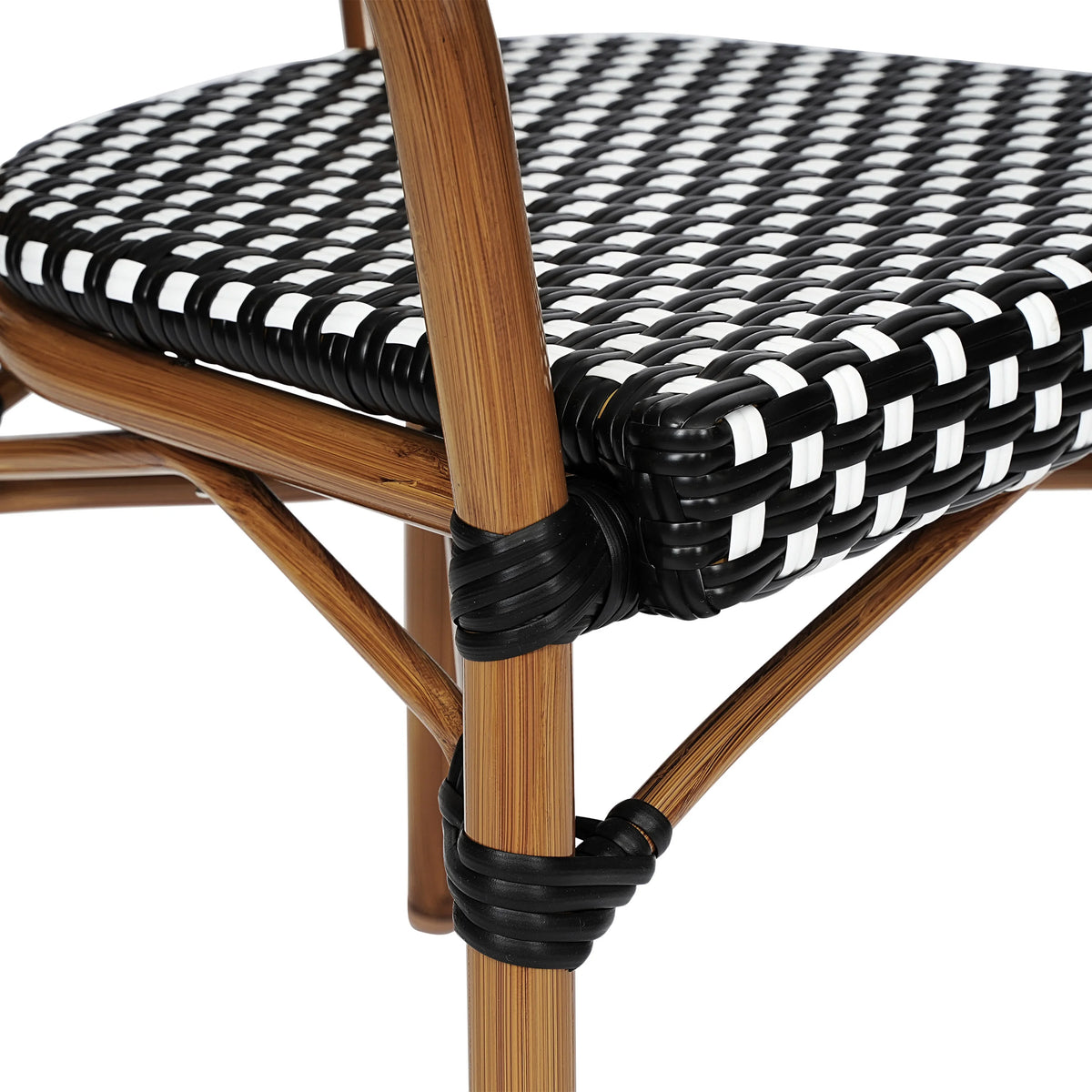 Merrick Lane Stacking Thonet French Bistro Style Chair with Arms, Black & White PE Rattan Seat, and Bamboo Finished Metal Frame for Indoor/Outdoor Use