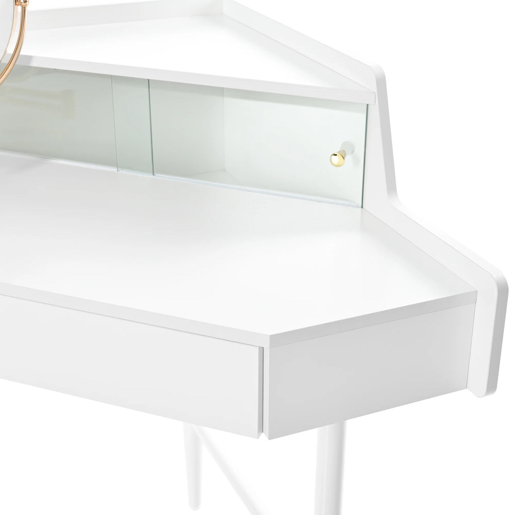 MODERNLUXE Corner Makeup Vanity Desk with Folding Mirror and Lights,Modern Vanity Set with 1 Stool,2 Drawers and 3 Shelves for Bedroom,Women, and Girls,Walnut