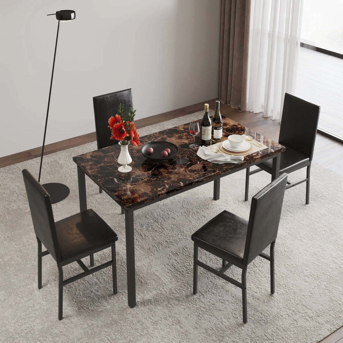 uhomepro 5-Piece Dining Room Table Set for 4 Person, Elegant Dining Table Set, Home Kitchen Table with 4 PU Leather Chairs and Metal Dining Room Modern Furniture