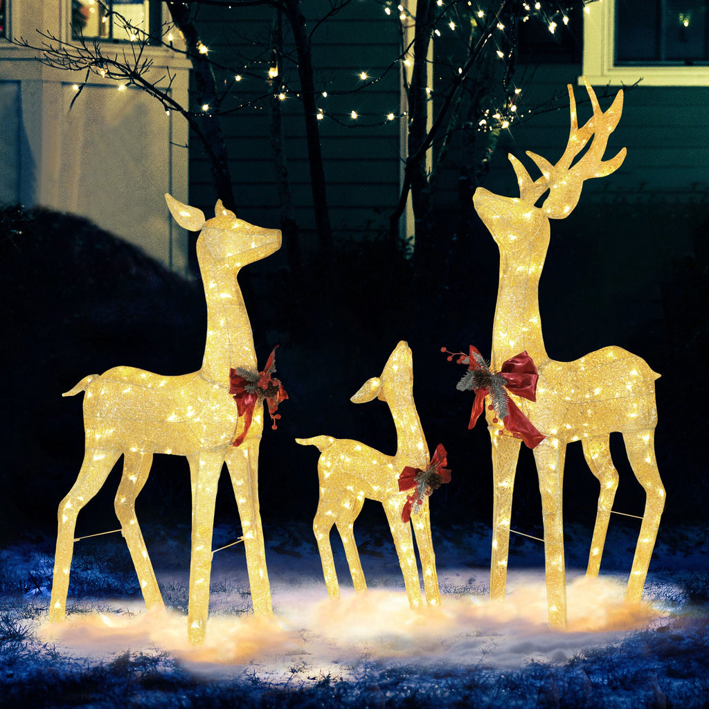 VEIKOUS Christmas Lighted Deer Family Set Outdoor Decor w/ 200 Warm Lights Reindeer Christmas Decor, Ground Stakes and Zip Ties, Gold