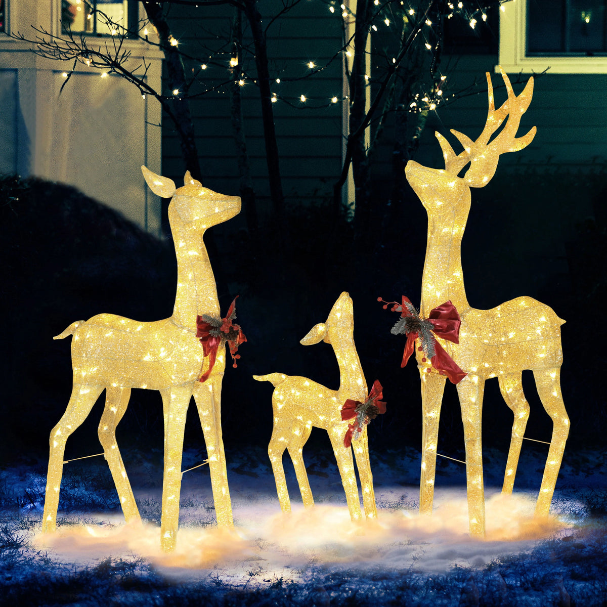 VEIKOUS Christmas Lighted Deer Family Set Outdoor Decor w/ 200 Warm Lights Reindeer Christmas Decor, Ground Stakes and Zip Ties, Gold
