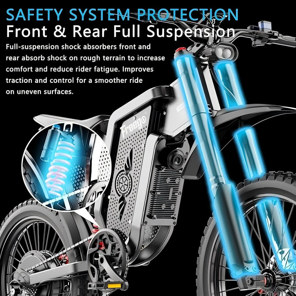 40MPH Electric Bicycle,Dual-Mode Electric Dirt Bike 3000W(Peak)Freego Nova3 Electric Motorcycle Bike for Adults,Mid-Drive Motor, 60V/25Ah Battery,17x3.15 Tire Full Suspension Hydraulic Brake