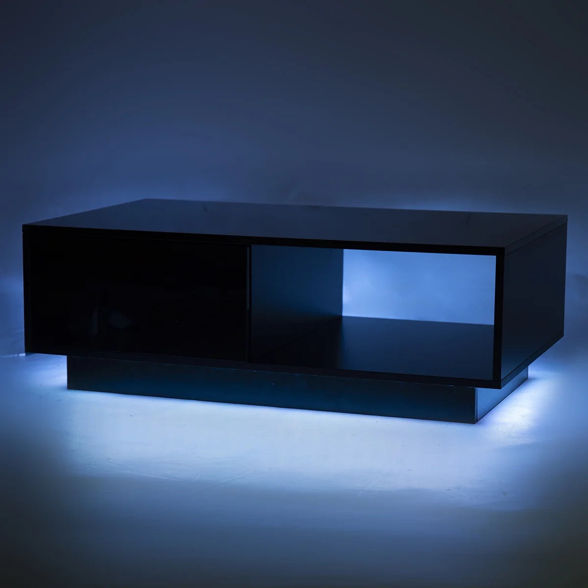 Hommpa LED Coffee Table Modern Side Tables High Gloss Black Cocktail Table with 2 Drawers Open Shelf for Living Room