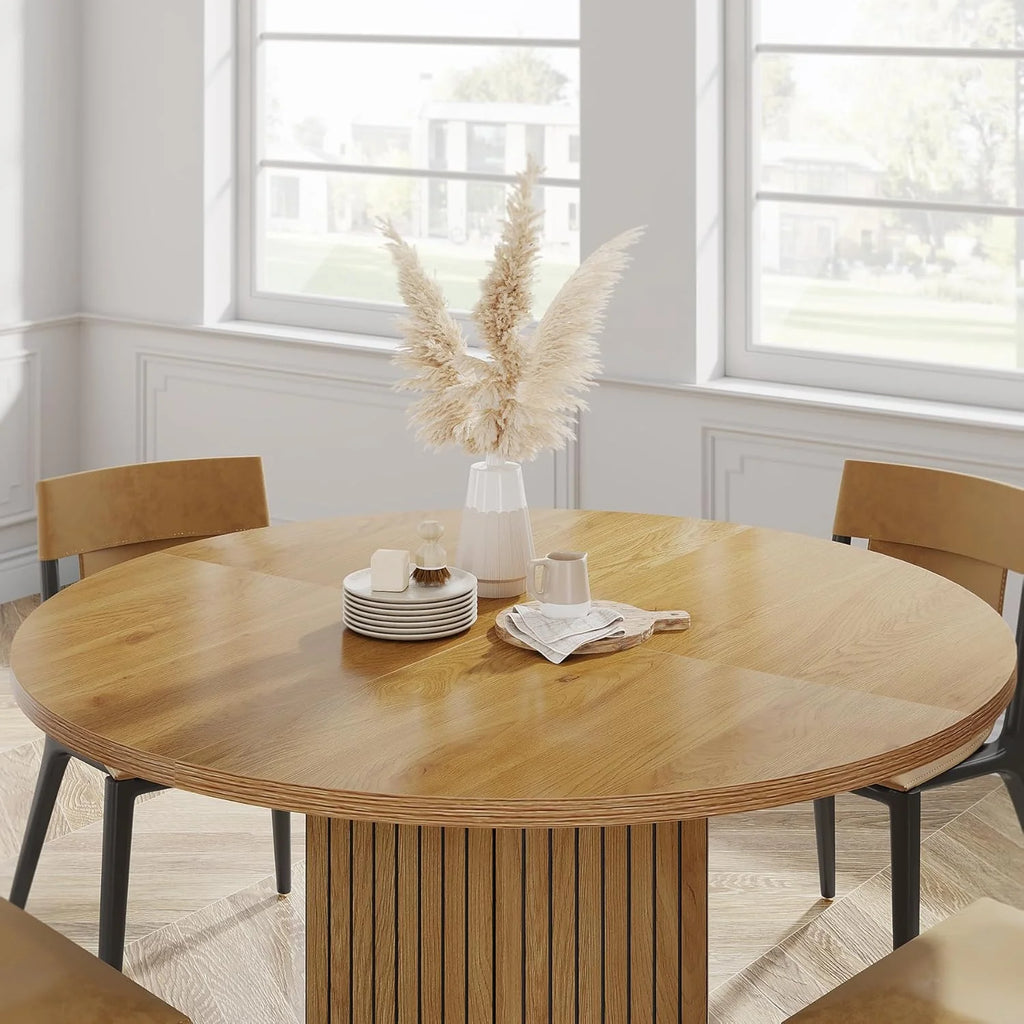 Tribesigns Round Dining Table for 4 People, 47 inch Kitchen Table with Heavy Duty Pedestal Base Circle Oak Tabletop for Kitchen Living Room, Oak