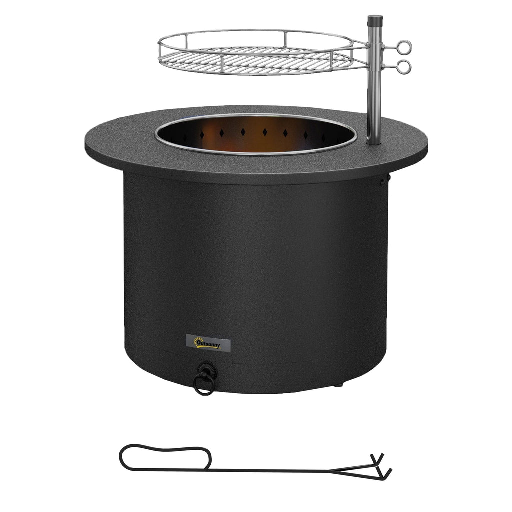 Outsunny 25" Smokeless Fire Pit, 2-in-1 Stainless Steel Firepit with Grill, Portable Wood Burning Fireplace with Poker and Ash Tray, Black