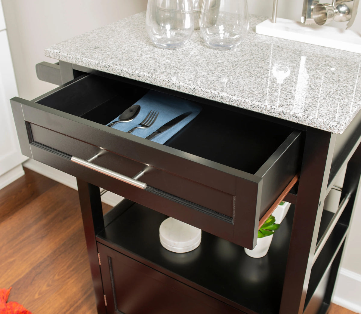 Linon Monett 2-Tier Mobile Serving Cart with Gray Granite Top, 27.75" Length, White