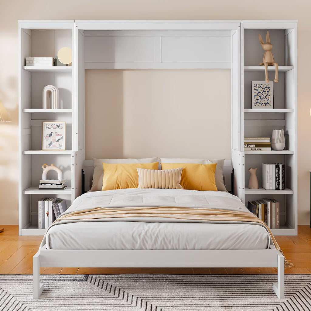 Euroco Wood Full Size Murphy Bed with Desk and Shelves, Space-Saving Wall Bed for Bedroom