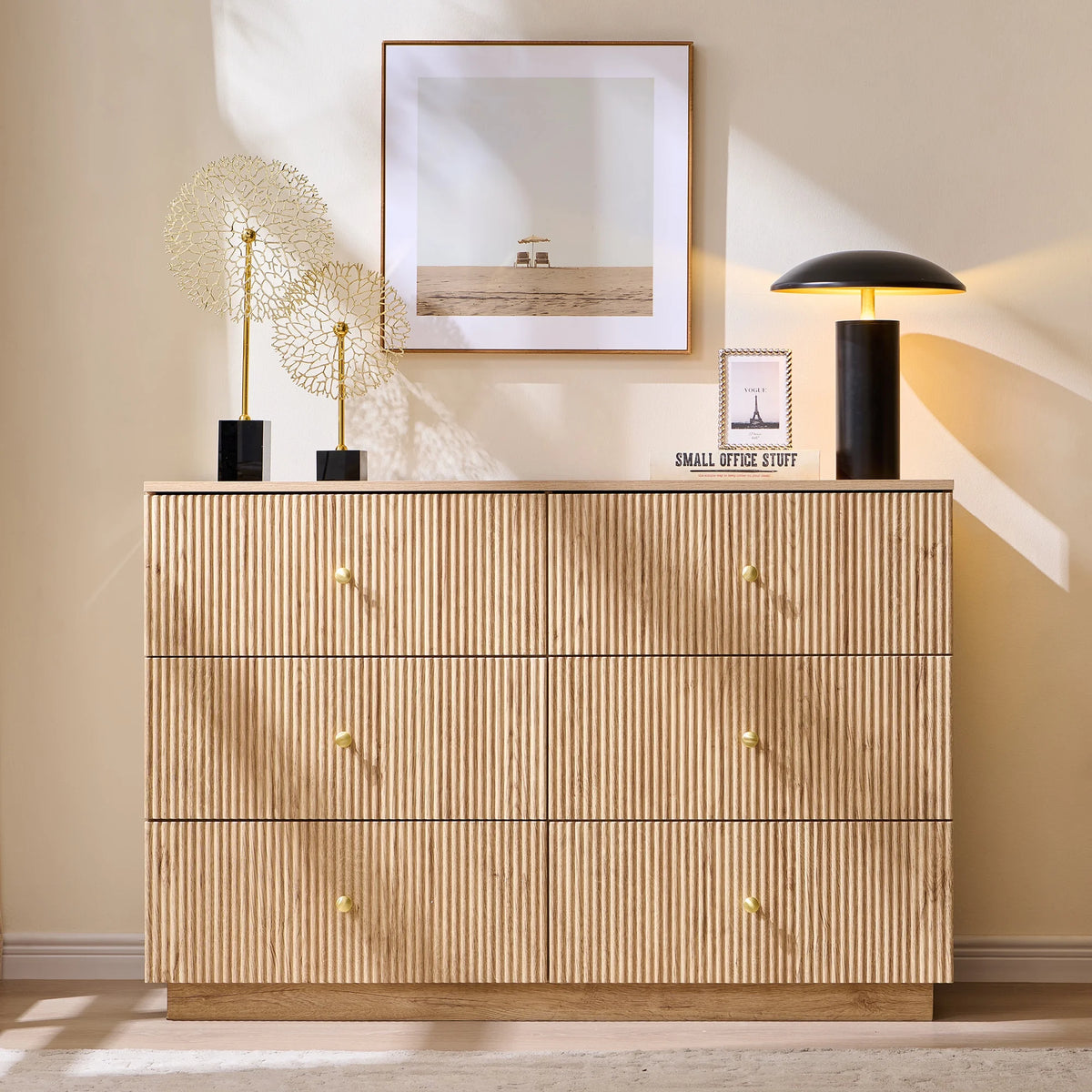 wow97e Fluted 6 Drawers Dresser, Wood 47" Tall Chest of Drawers with Deep Storage, Modern Bedroom Chest for Closet Hallway, Entryway, Living Room