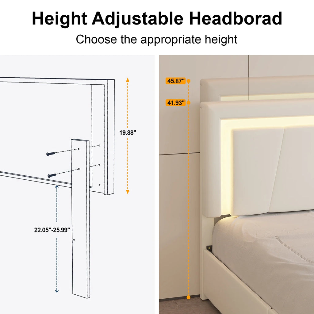 Full Size Upholstered LED Bed Frame with 4 Storage Drawers, Faux Leather Platform Bed with Adjustable Headboard, White