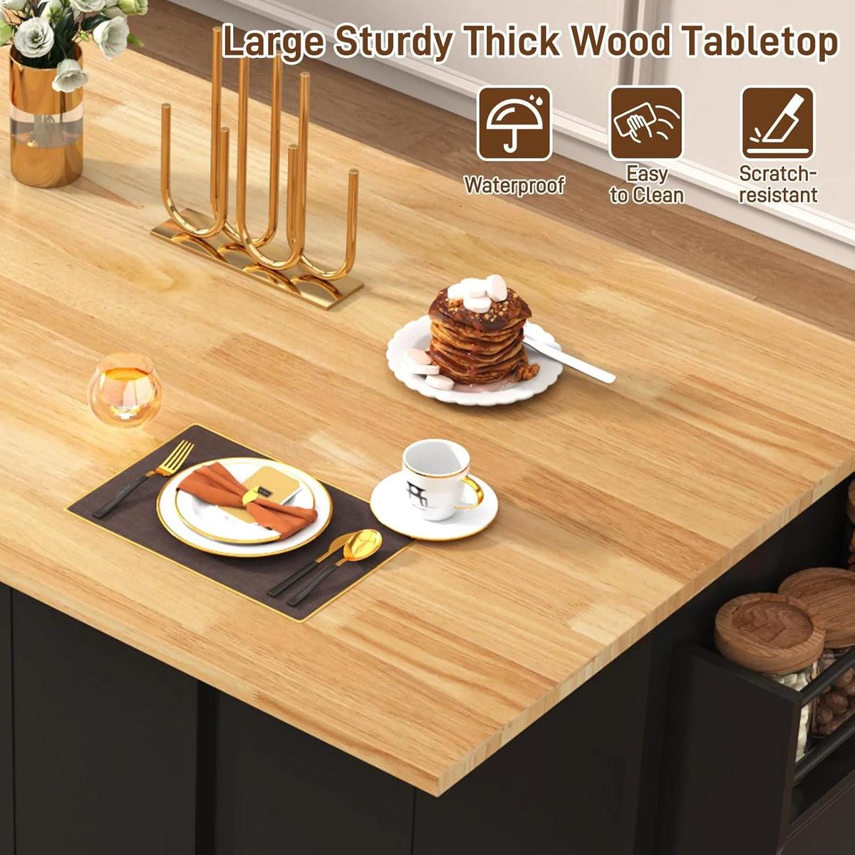 ANPOO 67" Rolling Kitchen Island with Drop Leaf, Tilt Out Kitchen Trash Cabinet 10 Gallon Storage, Kitchen Cart Island with Rubber wood Top, Spice Rack and Drawers