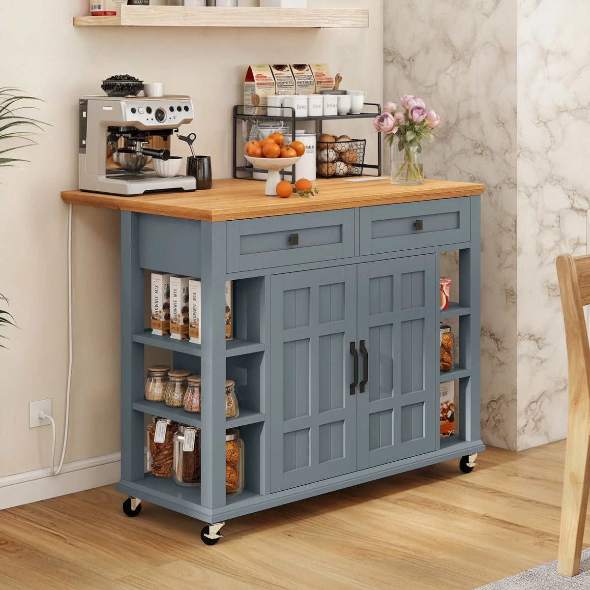 DWVO Kitchen Storage Cart with Power Outlets, Rolling Kitchen Island with Storage Shelves and Drawers, Blue Gray