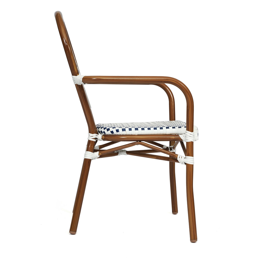 Merrick Lane Stacking Thonet French Bistro Style Chair with Arms, Black & White PE Rattan Seat, and Bamboo Finished Metal Frame for Indoor/Outdoor Use