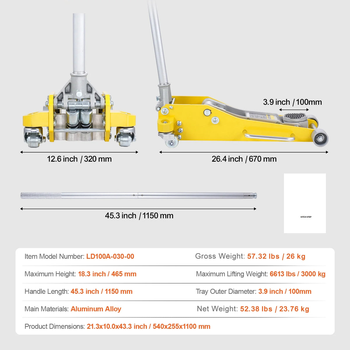 KFFKFF Low Profile Floor Jack, 3 Ton Capacity, Dual Piston Fast Lift, Hydraulic Auto Jack, 3.7"-18.3" Lift Height Range