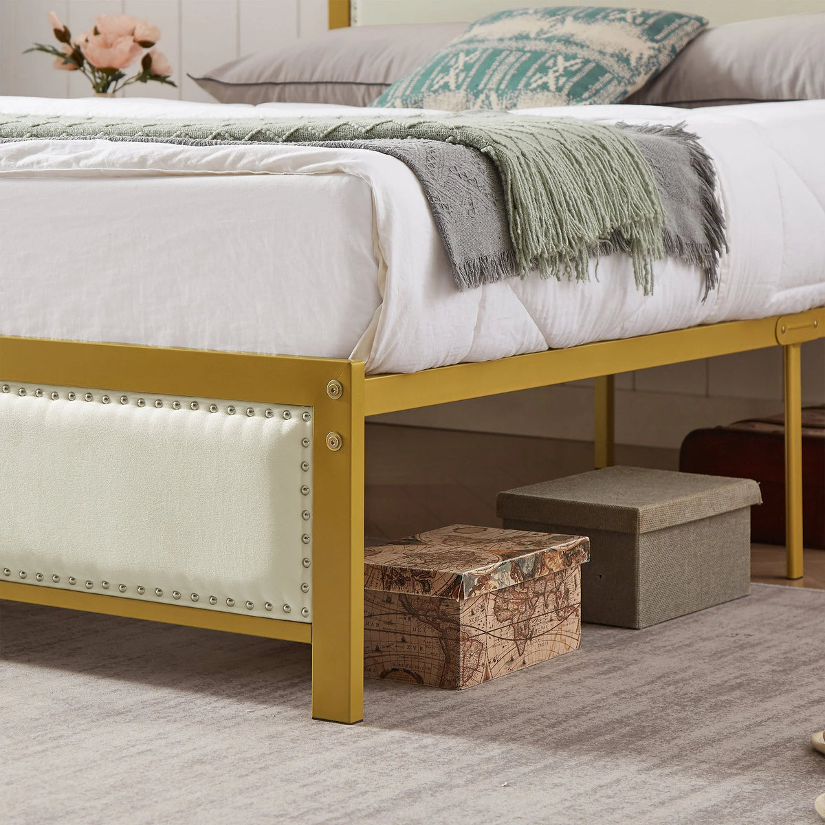 VECELO Queen Size Bed Frame Metal Platform Bed with Upholstered Headboard, No Box Spring Needed, Black