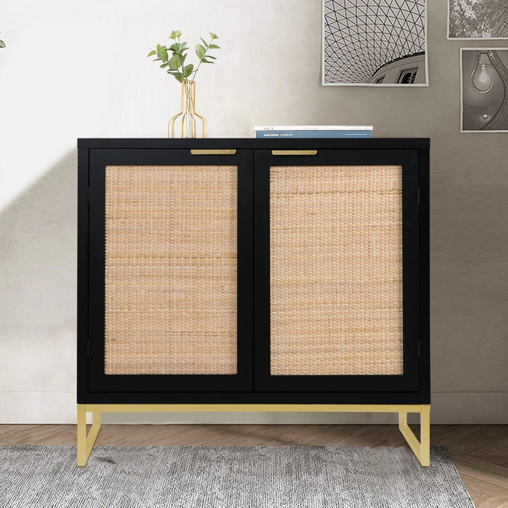Eumyviv Modern Accent Sideboards Cabinets with 2 Rattan Doors, Mid-Century Buffets Storage Credenzas for Bedroom Living Room,Black,H0046