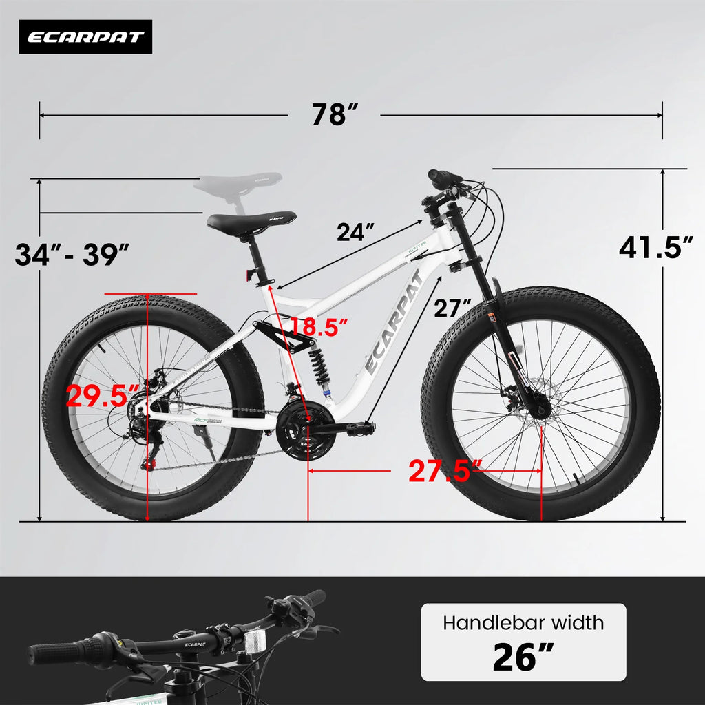 26 in Men's Fat Tire Bike,Shimano 21-Speed,Full Suspension Mountain Bike,Black