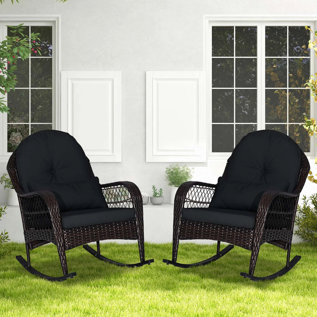 Costway Patio Wicker Rocking Chair W/Seat Back Cushions & Lumbar Pillow Porch Off White