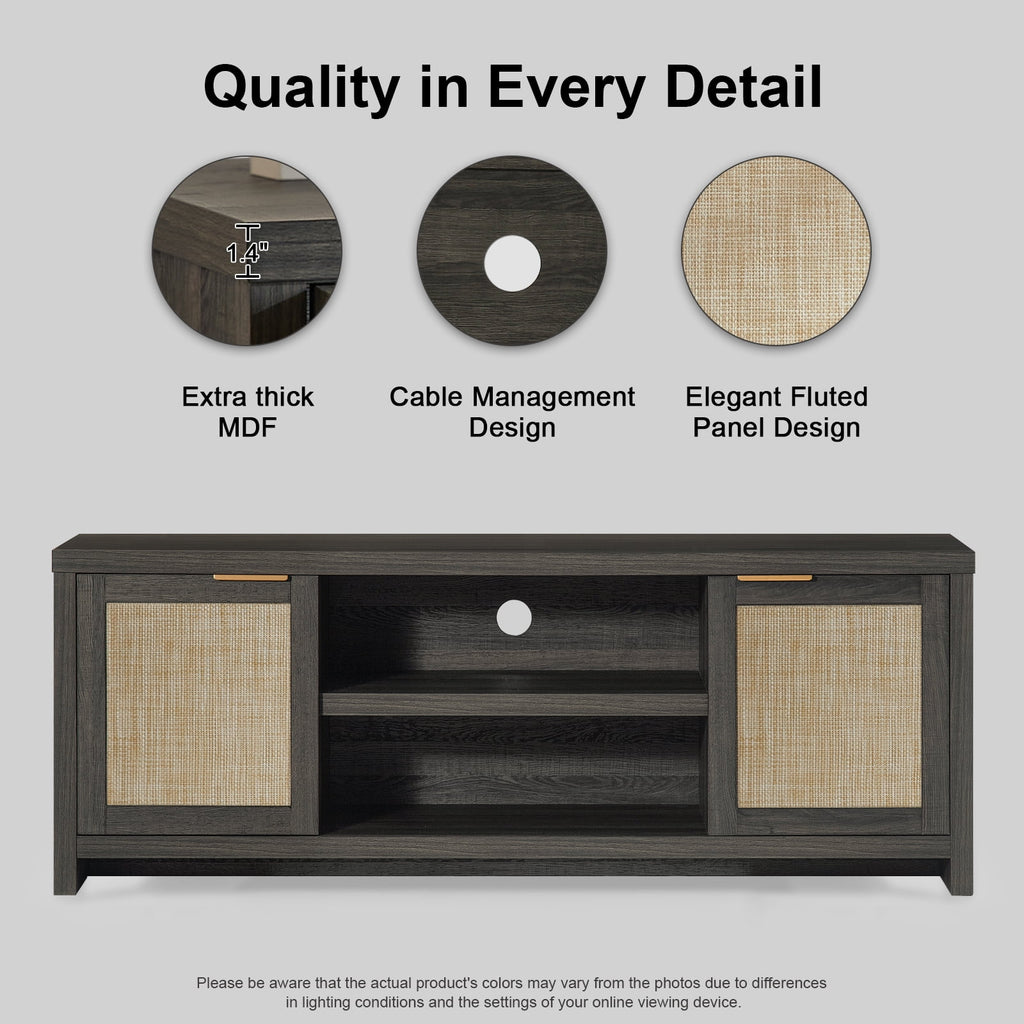 OAKHAM Rattan Tv Stands for 65 Inch Tv, Modern Farmhouse Entertainment Center, TV Console Table with Storage, Wood Media Console with Cabinet, Special Walnut