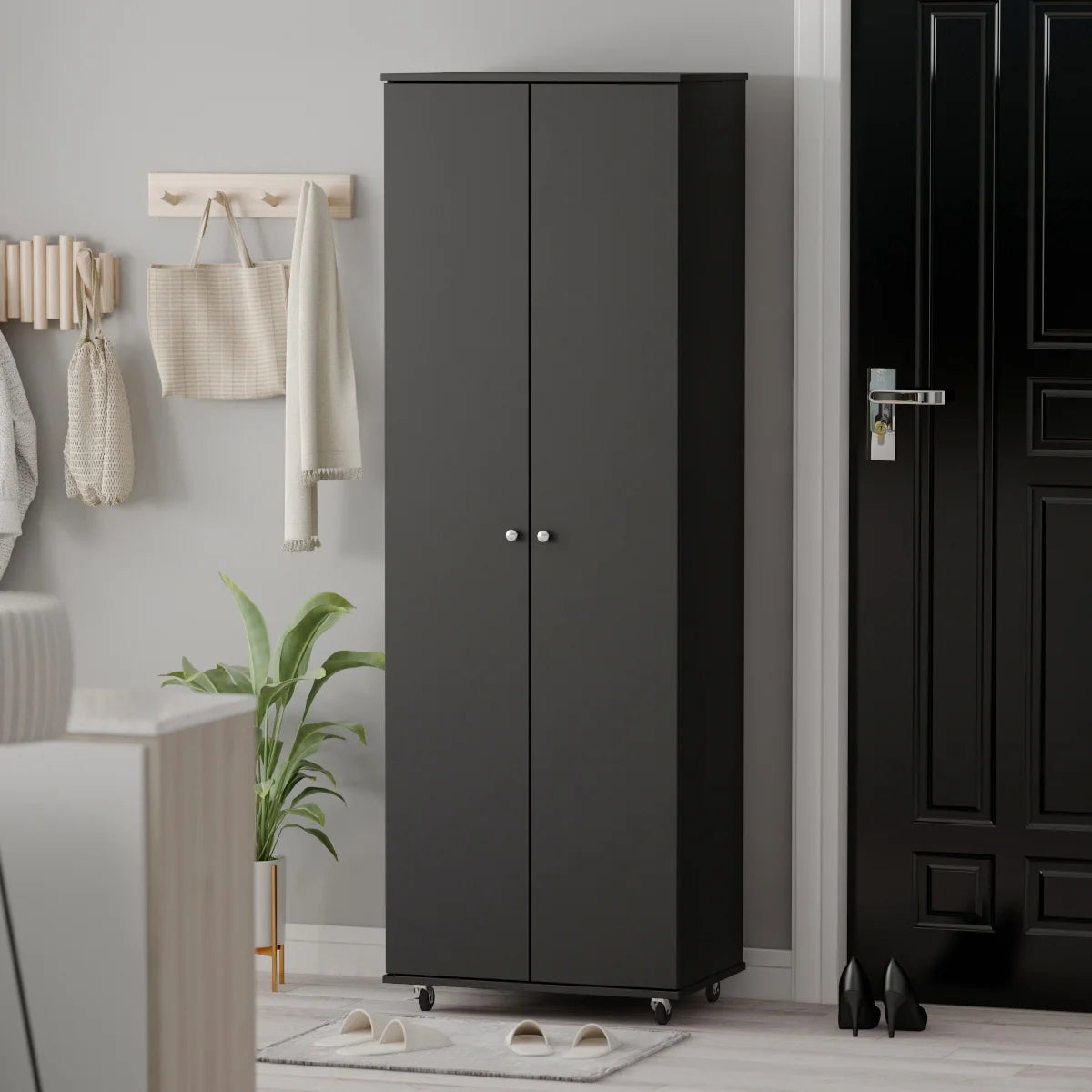 KULAGAGA 2-Door Tall Shoes Storage Cabinet with Wheels, Modern 8-Tier Wood Shoe Rack Storage Organizer for Entryway Hallway Blcak